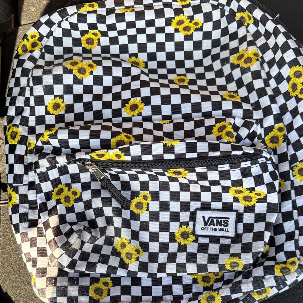 Vans Black and White Checkered Backpack with Yellow Sunflowers